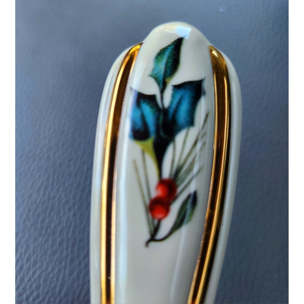 Lenox Cake Pie Server Winter Greetings Hand Paint Red Holy Pine  24K Gold Trim - Picture 3 of 4